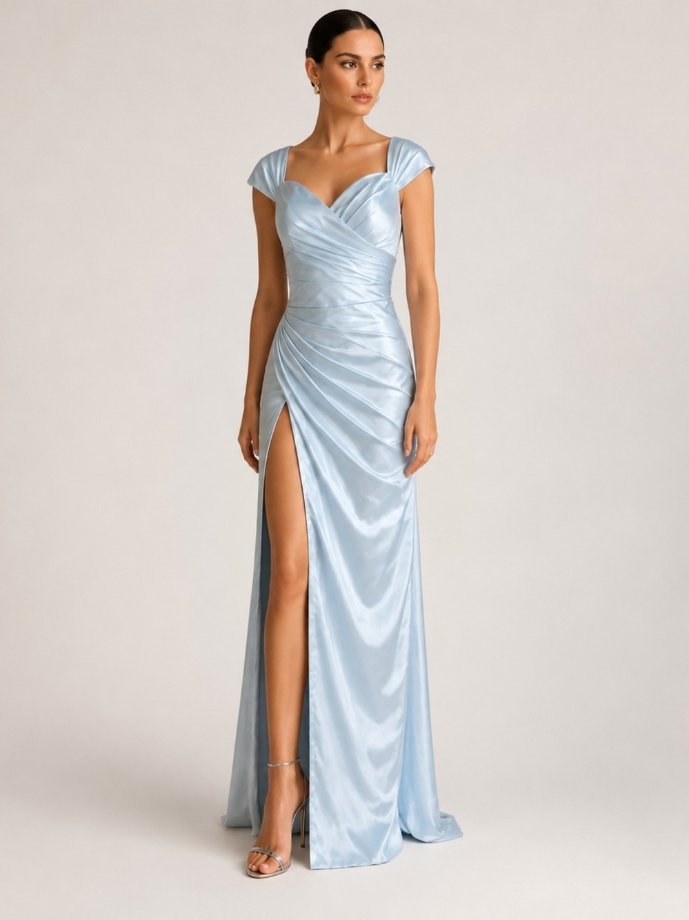 Pastel Blue Formal Dress Sz M Floor Length Pleated Draped Satin Bridesmaid MOB
